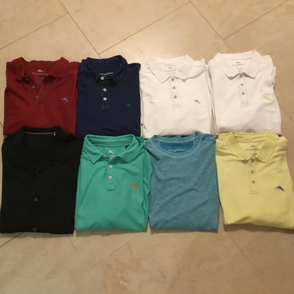 7 Tommy Bahama polo Shirts and 1 silk shirt